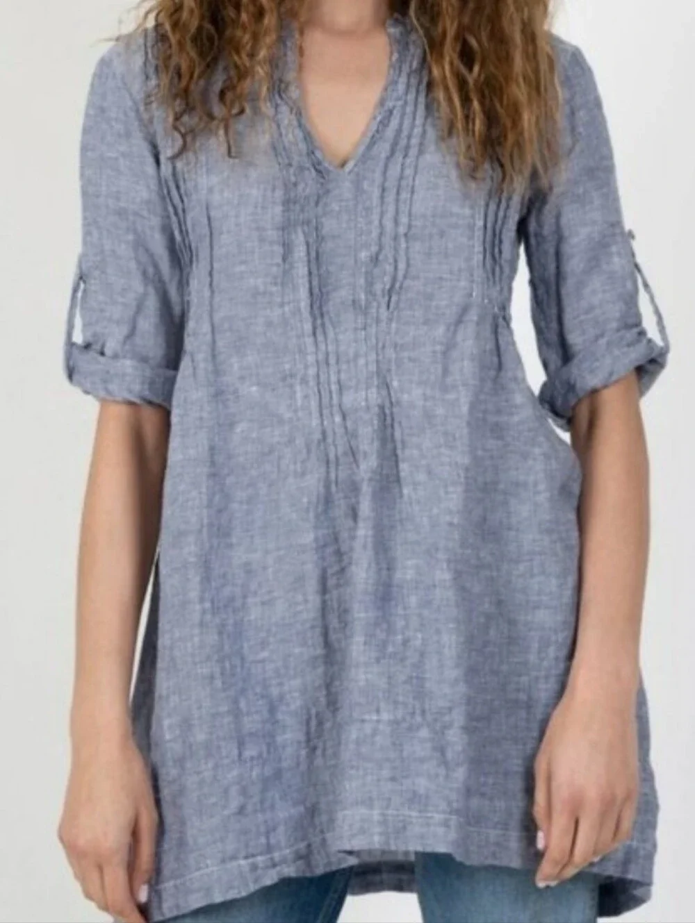 CP Shades Regina Chambray Blue Cotton Tunic Top Large Boho Lagenlook - Picture 9 of 12